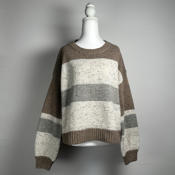 Lulus Women’s Sweater Small Brown Gray Multi Striped Balloon Sleeve Pullover - Picture 3 of 13